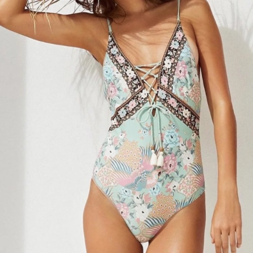Floral Lace-Up One Piece SWIMSUIT Cloud Dancer NEW